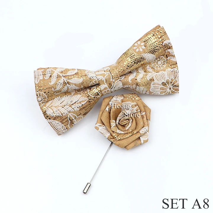 New Cork Wood Bow Tie Set Men's Novelty Handmade Floral Solid Color Bowtie Brooch For Groom Wedding Party Retro Suit Accessories