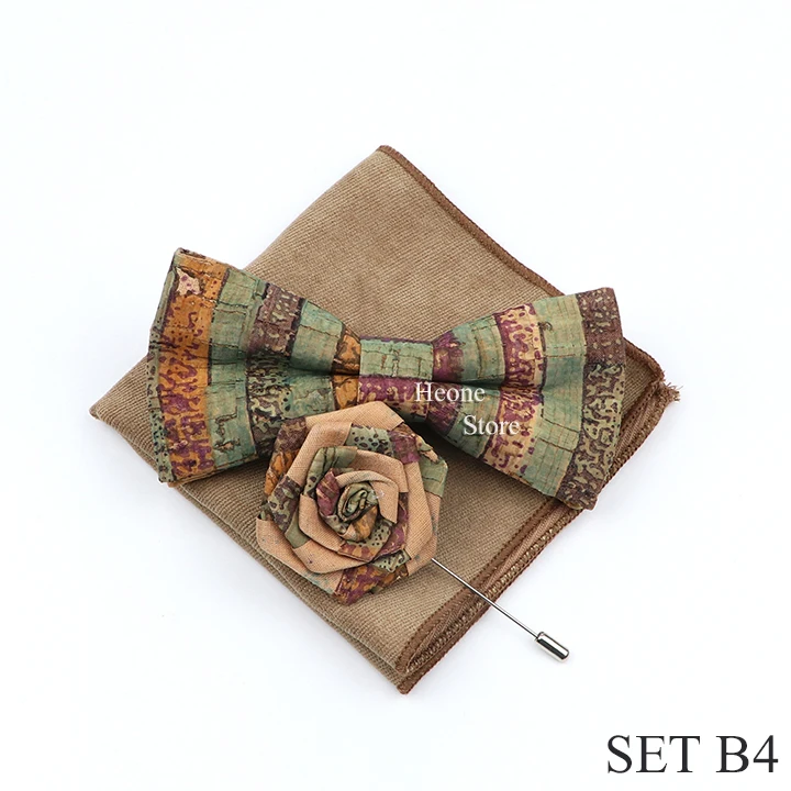 New Cork Wood Bow Tie Set Men's Novelty Handmade Floral Solid Color Bowtie Brooch For Groom Wedding Party Retro Suit Accessories
