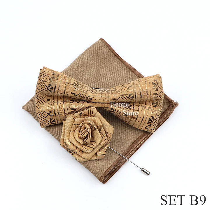 New Cork Wood Bow Tie Set Men's Novelty Handmade Floral Solid Color Bowtie Brooch For Groom Wedding Party Retro Suit Accessories