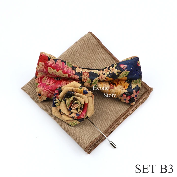 New Cork Wood Bow Tie Set Men's Novelty Handmade Floral Solid Color Bowtie Brooch For Groom Wedding Party Retro Suit Accessories