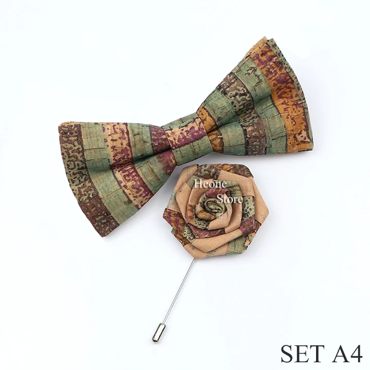 New Cork Wood Bow Tie Set Men's Novelty Handmade Floral Solid Color Bowtie Brooch For Groom Wedding Party Retro Suit Accessories