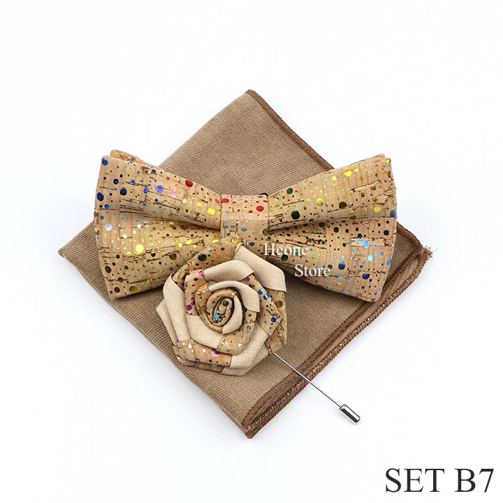 New Cork Wood Bow Tie Set Men's Novelty Handmade Floral Solid Color Bowtie Brooch For Groom Wedding Party Retro Suit Accessories