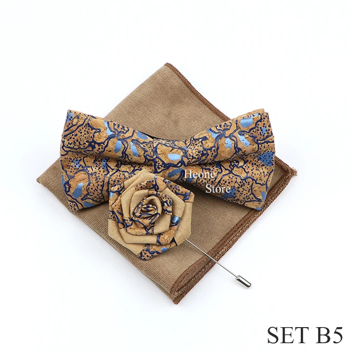 New Cork Wood Bow Tie Set Men's Novelty Handmade Floral Solid Color Bowtie Brooch For Groom Wedding Party Retro Suit Accessories