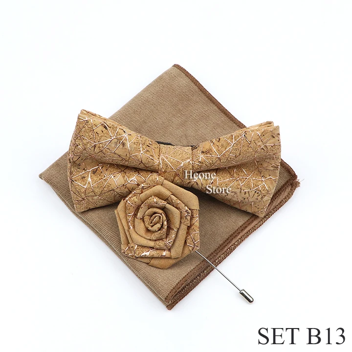 New Cork Wood Bow Tie Set Men's Novelty Handmade Floral Solid Color Bowtie Brooch For Groom Wedding Party Retro Suit Accessories