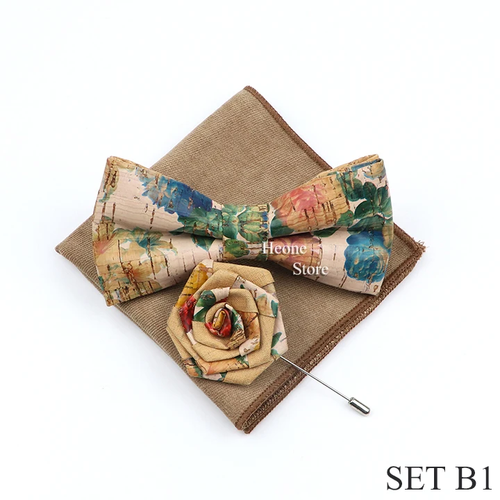 New Cork Wood Bow Tie Set Men's Novelty Handmade Floral Solid Color Bowtie Brooch For Groom Wedding Party Retro Suit Accessories