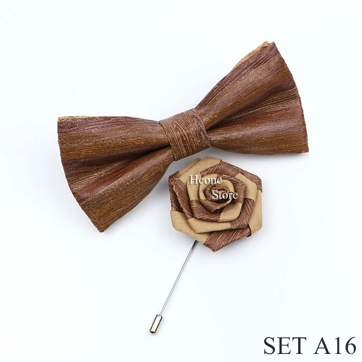 New Cork Wood Bow Tie Set Men's Novelty Handmade Floral Solid Color Bowtie Brooch For Groom Wedding Party Retro Suit Accessories