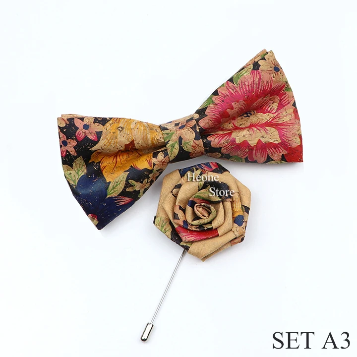 New Cork Wood Bow Tie Set Men's Novelty Handmade Floral Solid Color Bowtie Brooch For Groom Wedding Party Retro Suit Accessories