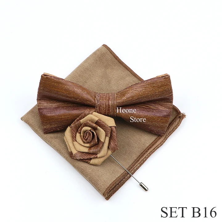 New Cork Wood Bow Tie Set Men's Novelty Handmade Floral Solid Color Bowtie Brooch For Groom Wedding Party Retro Suit Accessories