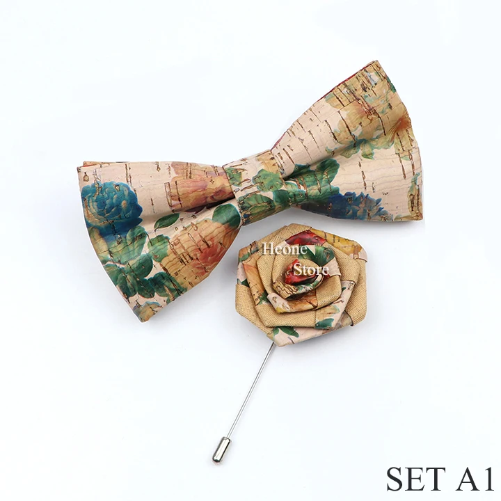 New Cork Wood Bow Tie Set Men's Novelty Handmade Floral Solid Color Bowtie Brooch For Groom Wedding Party Retro Suit Accessories