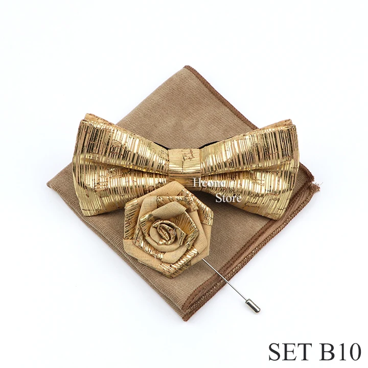 New Cork Wood Bow Tie Set Men's Novelty Handmade Floral Solid Color Bowtie Brooch For Groom Wedding Party Retro Suit Accessories