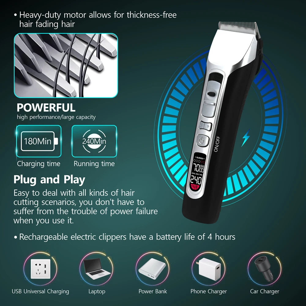 Professional Hair Clipper Titanium Ceramic Blade Hair Trimmer LCD Display Strong Power Salon Barber Hair Cutting Machine For Men