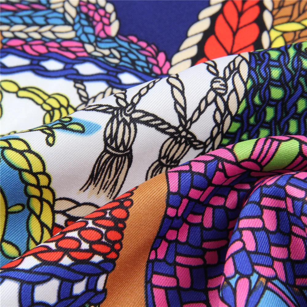 Manual Hand Rolled Twill Silk Scarf Women Timpani Print Square Scarves Echarpes Curled Foulards Femme Wrap Bandana Hijab 90CM