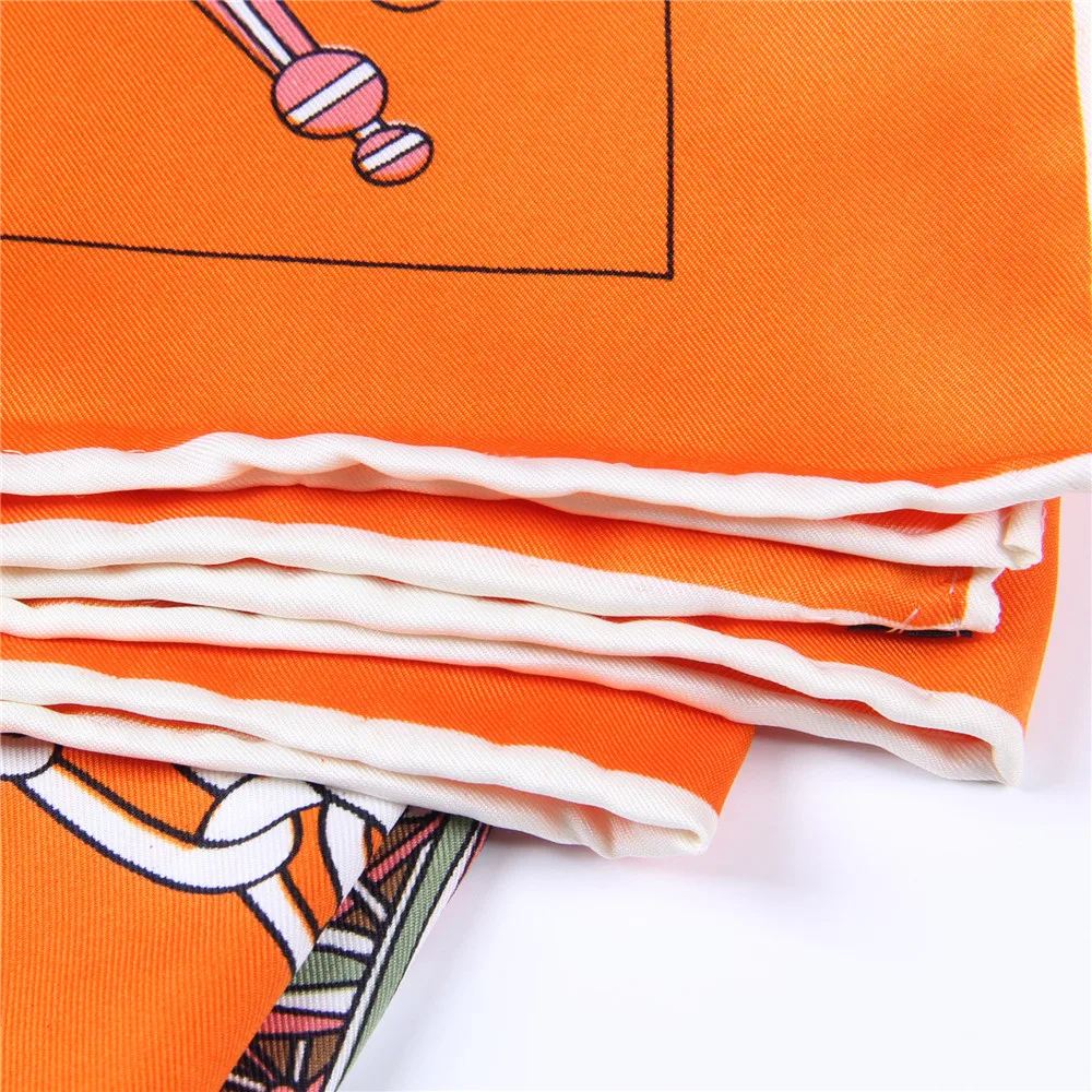 Manual Hand Rolled Twill Silk Scarf Women Timpani Print Square Scarves Echarpes Curled Foulards Femme Wrap Bandana Hijab 90CM