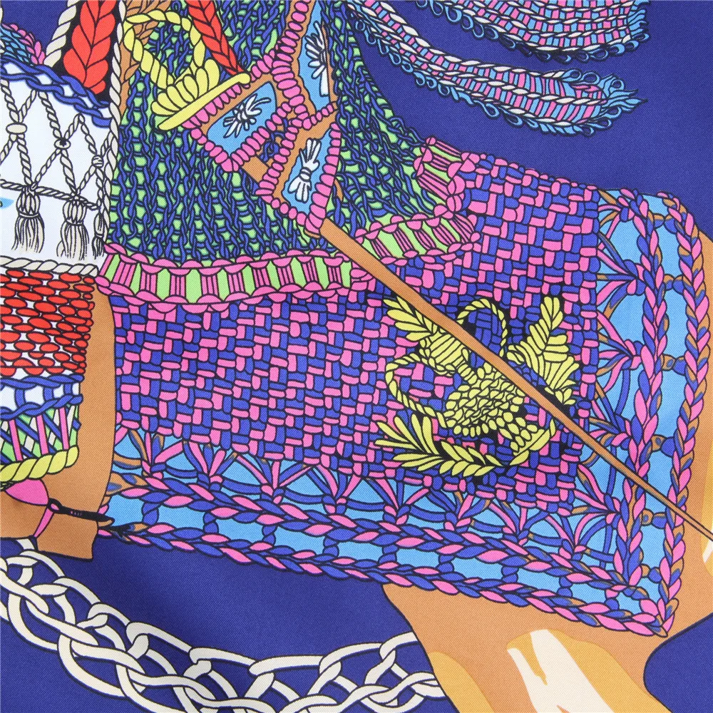 Manual Hand Rolled Twill Silk Scarf Women Timpani Print Square Scarves Echarpes Curled Foulards Femme Wrap Bandana Hijab 90CM