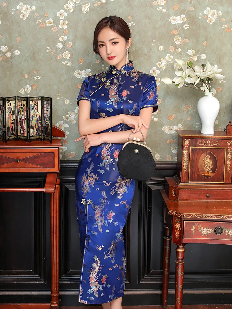 Sexy New Brocade Satin Long Fork Cheongsam Chinese Classic Women's Qipao Elegant Short Sleeve Novelty Wedding Evening Dress 4XL