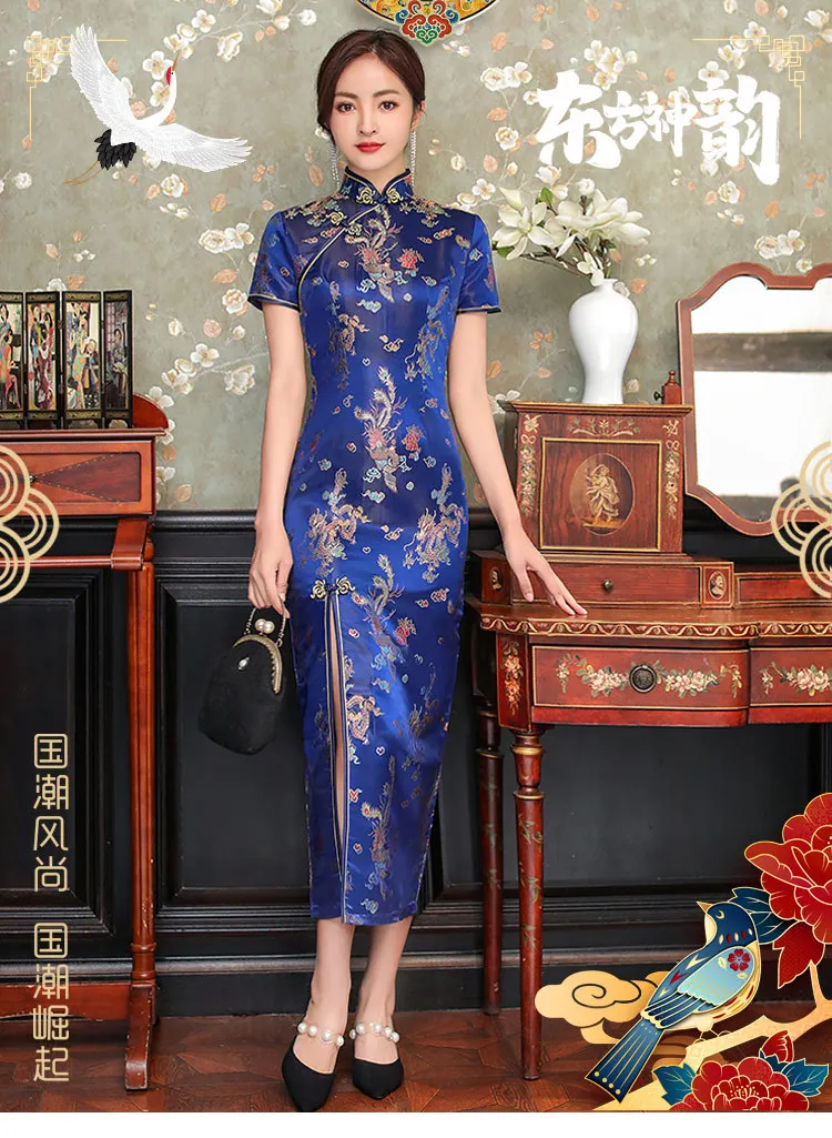 Sexy New Brocade Satin Long Fork Cheongsam Chinese Classic Women's Qipao Elegant Short Sleeve Novelty Wedding Evening Dress 4XL
