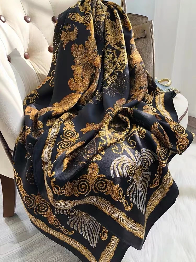 Coffee Gold 100% Mulberry Silk Women's Scarf Bandana Fashion Plaisley Style Square Scarves Hijabs Winter Brand Headscarf Foulard