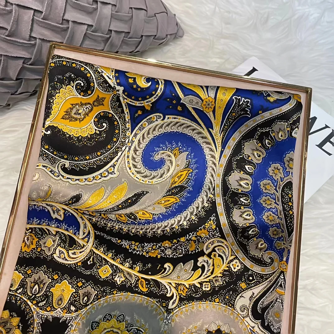 Coffee Gold 100% Mulberry Silk Women's Scarf Bandana Fashion Plaisley Style Square Scarves Hijabs Winter Brand Headscarf Foulard