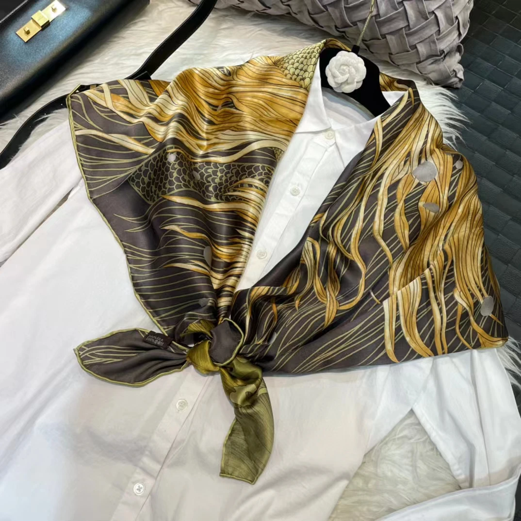 Coffee Gold 100% Mulberry Silk Women's Scarf Bandana Fashion Plaisley Style Square Scarves Hijabs Winter Brand Headscarf Foulard