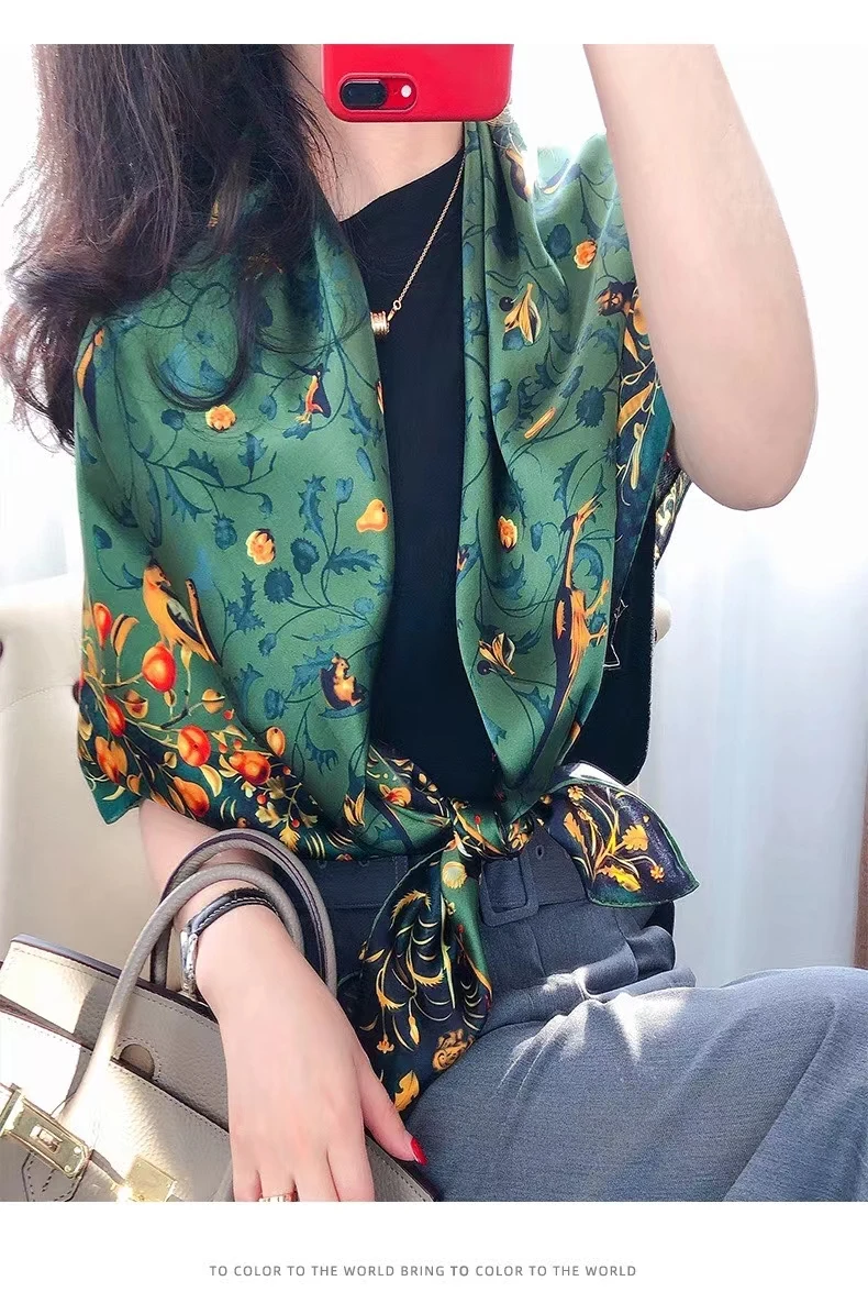 Coffee Gold 100% Mulberry Silk Women's Scarf Bandana Fashion Plaisley Style Square Scarves Hijabs Winter Brand Headscarf Foulard