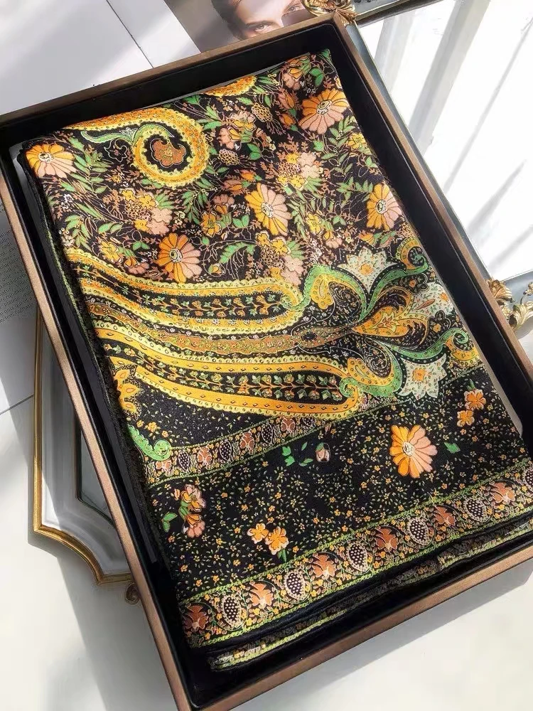 Coffee Gold 100% Mulberry Silk Women's Scarf Bandana Fashion Plaisley Style Square Scarves Hijabs Winter Brand Headscarf Foulard