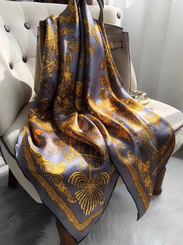 Coffee Gold 100% Mulberry Silk Women's Scarf Bandana Fashion Plaisley Style Square Scarves Hijabs Winter Brand Headscarf Foulard
