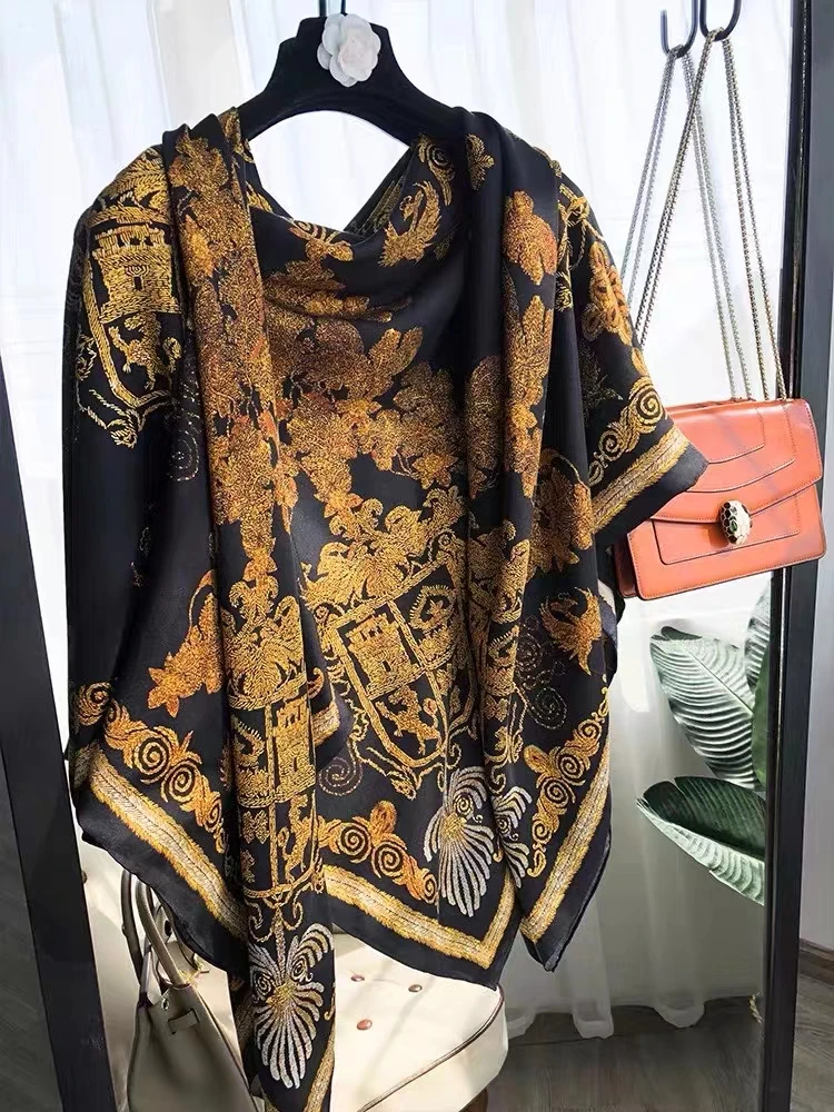 Coffee Gold 100% Mulberry Silk Women's Scarf Bandana Fashion Plaisley Style Square Scarves Hijabs Winter Brand Headscarf Foulard