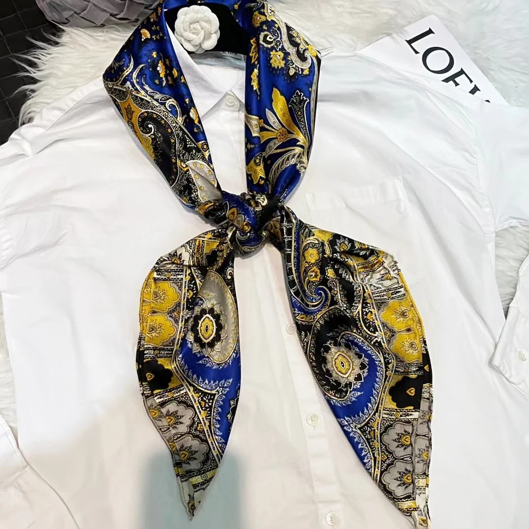 Coffee Gold 100% Mulberry Silk Women's Scarf Bandana Fashion Plaisley Style Square Scarves Hijabs Winter Brand Headscarf Foulard