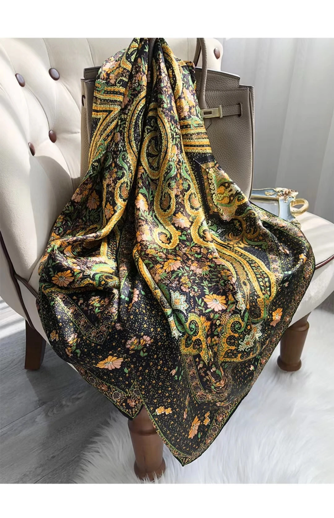 Coffee Gold 100% Mulberry Silk Women's Scarf Bandana Fashion Plaisley Style Square Scarves Hijabs Winter Brand Headscarf Foulard