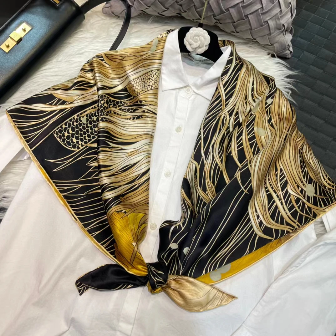 Coffee Gold 100% Mulberry Silk Women's Scarf Bandana Fashion Plaisley Style Square Scarves Hijabs Winter Brand Headscarf Foulard