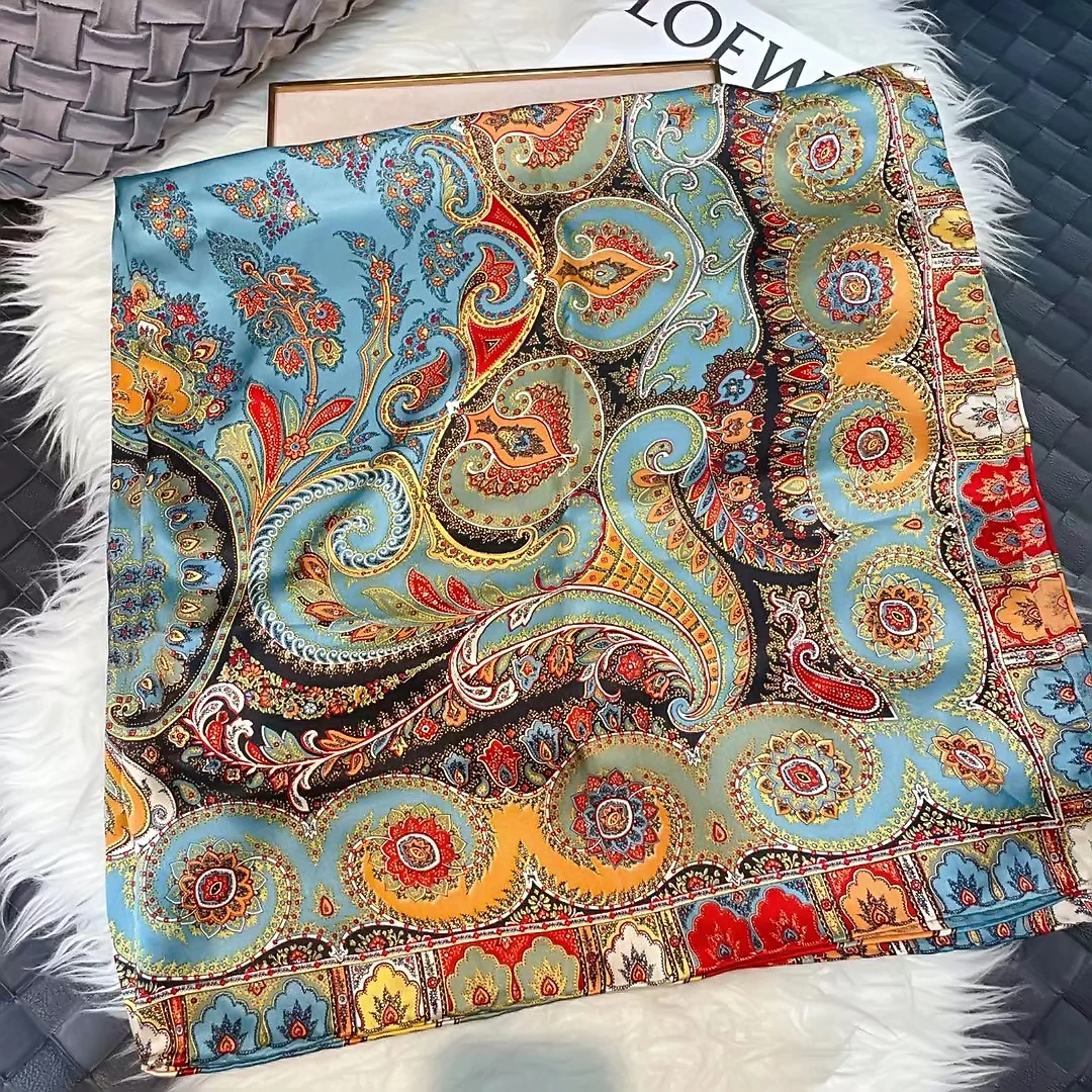 Coffee Gold 100% Mulberry Silk Women's Scarf Bandana Fashion Plaisley Style Square Scarves Hijabs Winter Brand Headscarf Foulard