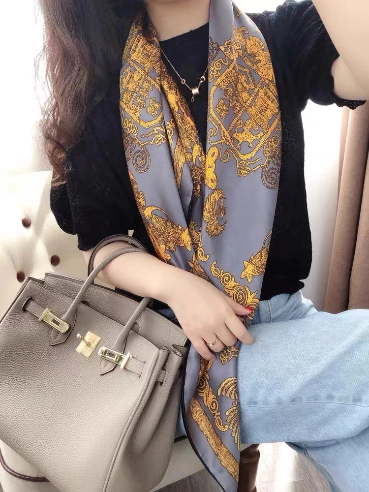 Coffee Gold 100% Mulberry Silk Women's Scarf Bandana Fashion Plaisley Style Square Scarves Hijabs Winter Brand Headscarf Foulard