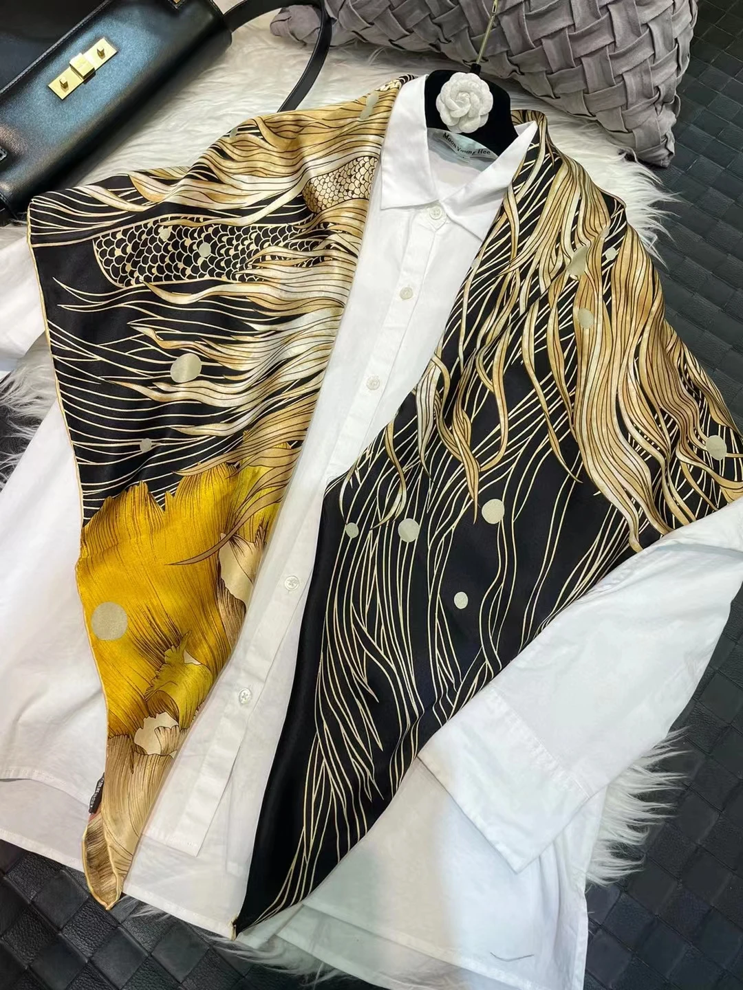 Coffee Gold 100% Mulberry Silk Women's Scarf Bandana Fashion Plaisley Style Square Scarves Hijabs Winter Brand Headscarf Foulard