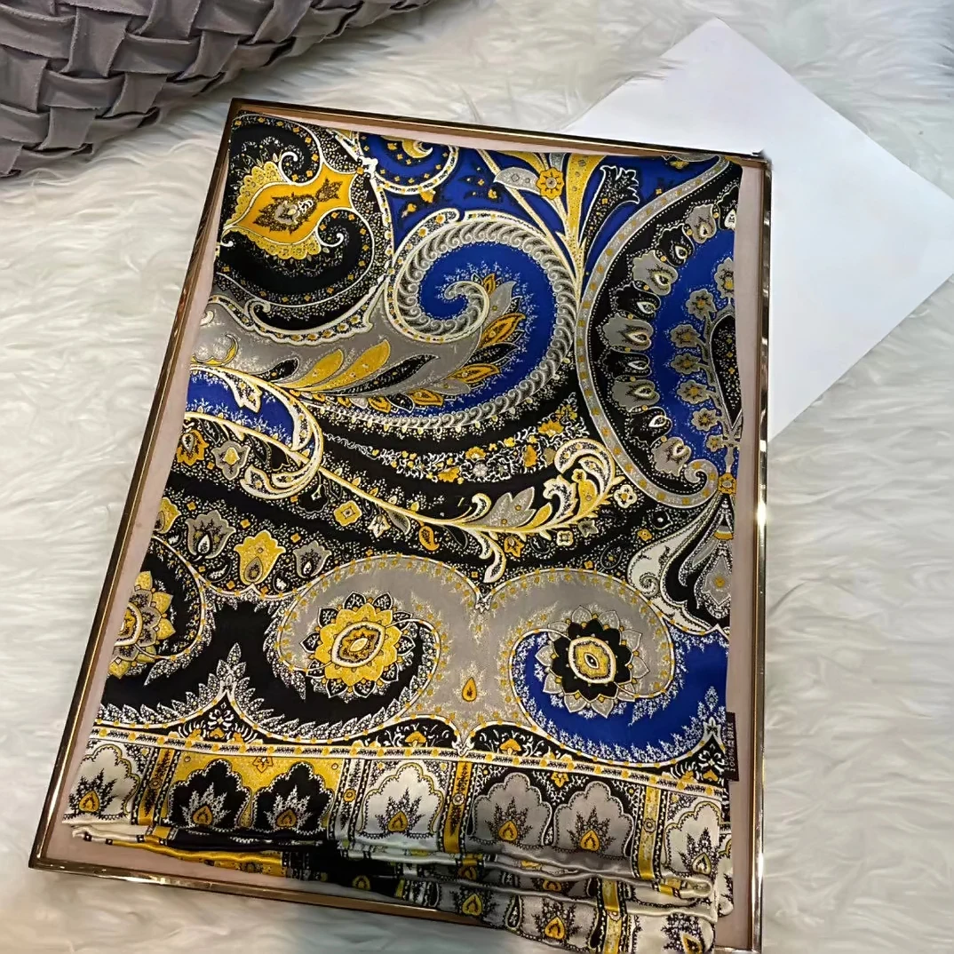 Coffee Gold 100% Mulberry Silk Women's Scarf Bandana Fashion Plaisley Style Square Scarves Hijabs Winter Brand Headscarf Foulard