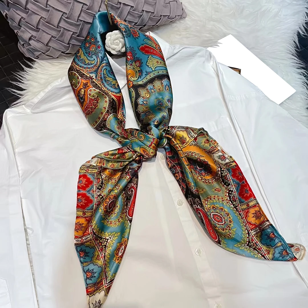 Coffee Gold 100% Mulberry Silk Women's Scarf Bandana Fashion Plaisley Style Square Scarves Hijabs Winter Brand Headscarf Foulard