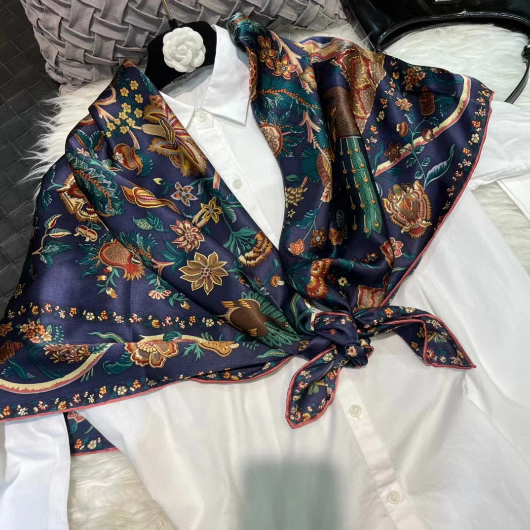 Coffee Gold 100% Mulberry Silk Women's Scarf Bandana Fashion Plaisley Style Square Scarves Hijabs Winter Brand Headscarf Foulard