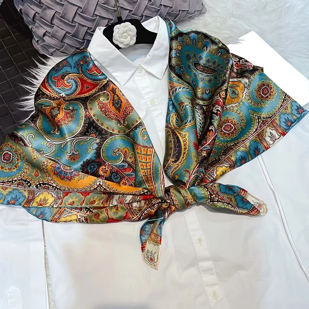 Coffee Gold 100% Mulberry Silk Women's Scarf Bandana Fashion Plaisley Style Square Scarves Hijabs Winter Brand Headscarf Foulard