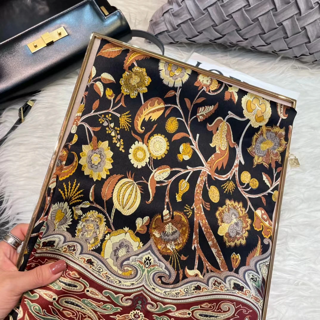 Coffee Gold 100% Mulberry Silk Women's Scarf Bandana Fashion Plaisley Style Square Scarves Hijabs Winter Brand Headscarf Foulard