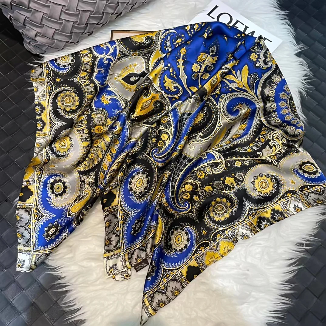 Coffee Gold 100% Mulberry Silk Women's Scarf Bandana Fashion Plaisley Style Square Scarves Hijabs Winter Brand Headscarf Foulard