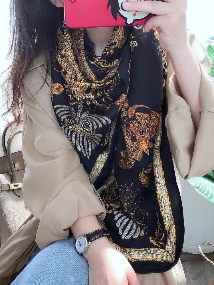 Coffee Gold 100% Mulberry Silk Women's Scarf Bandana Fashion Plaisley Style Square Scarves Hijabs Winter Brand Headscarf Foulard