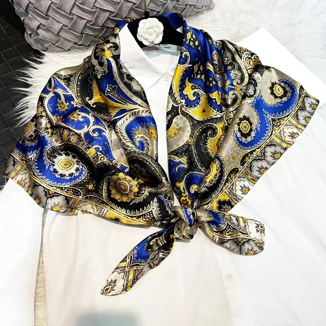 Coffee Gold 100% Mulberry Silk Women's Scarf Bandana Fashion Plaisley Style Square Scarves Hijabs Winter Brand Headscarf Foulard