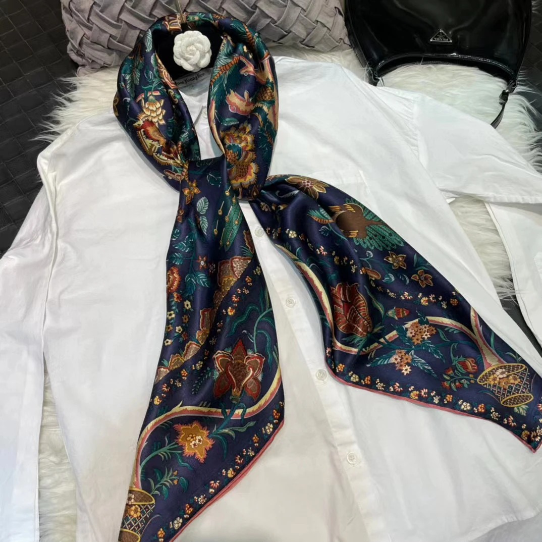 Coffee Gold 100% Mulberry Silk Women's Scarf Bandana Fashion Plaisley Style Square Scarves Hijabs Winter Brand Headscarf Foulard
