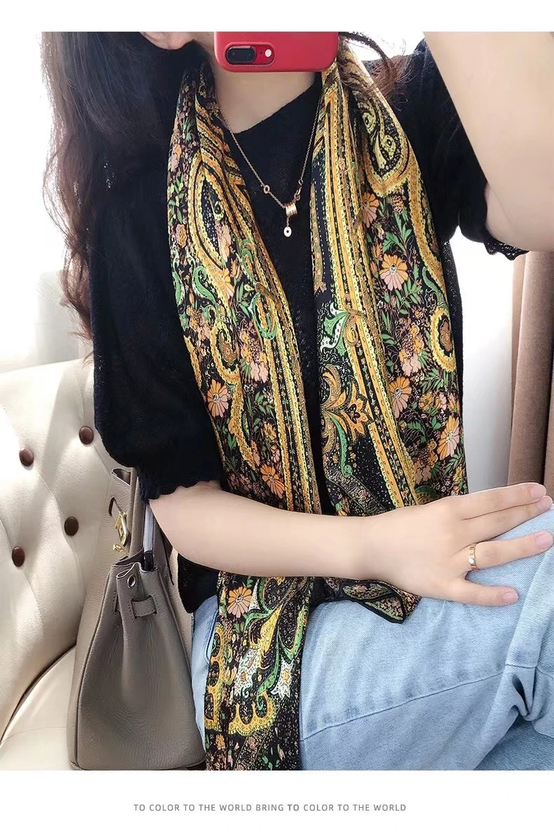 Coffee Gold 100% Mulberry Silk Women's Scarf Bandana Fashion Plaisley Style Square Scarves Hijabs Winter Brand Headscarf Foulard