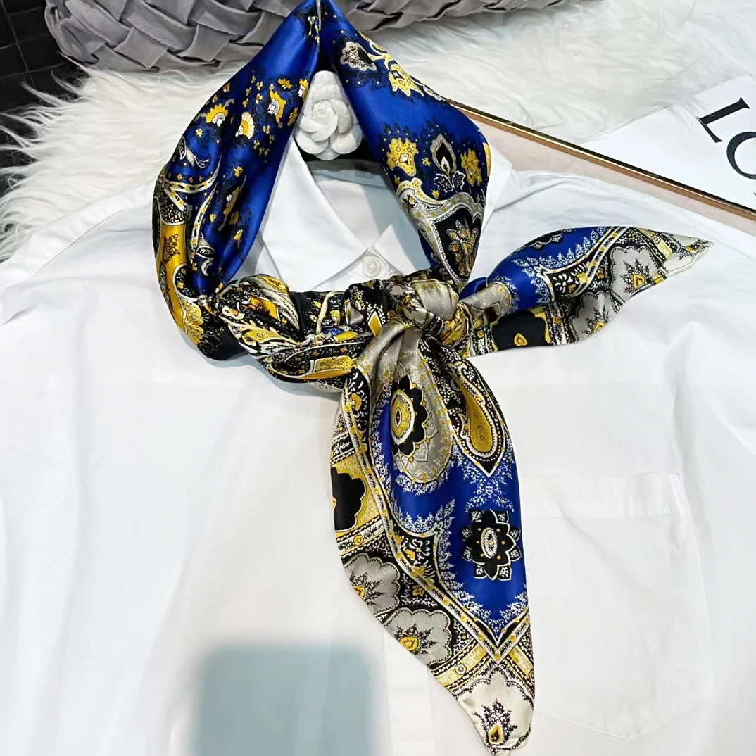 Coffee Gold 100% Mulberry Silk Women's Scarf Bandana Fashion Plaisley Style Square Scarves Hijabs Winter Brand Headscarf Foulard