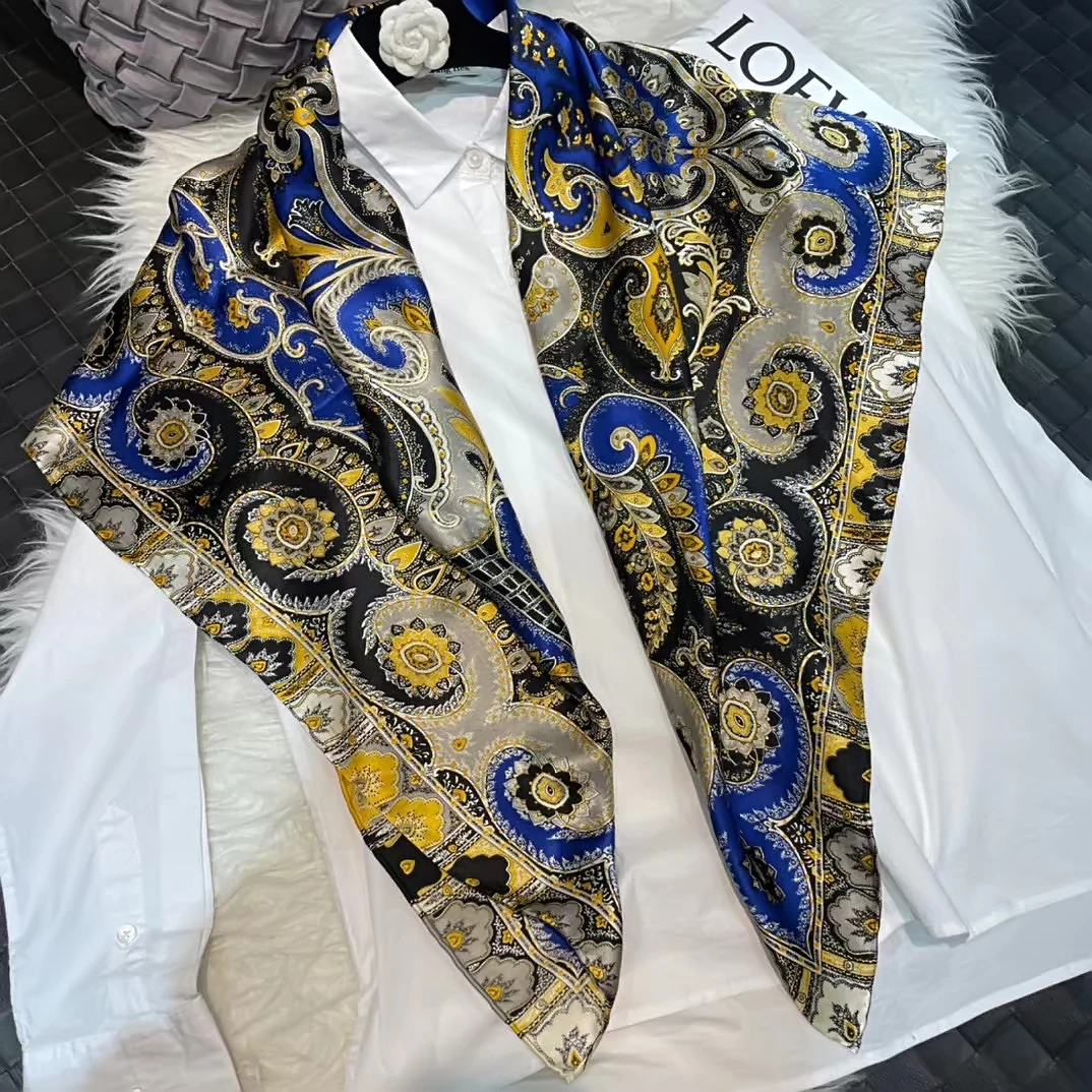 Coffee Gold 100% Mulberry Silk Women's Scarf Bandana Fashion Plaisley Style Square Scarves Hijabs Winter Brand Headscarf Foulard