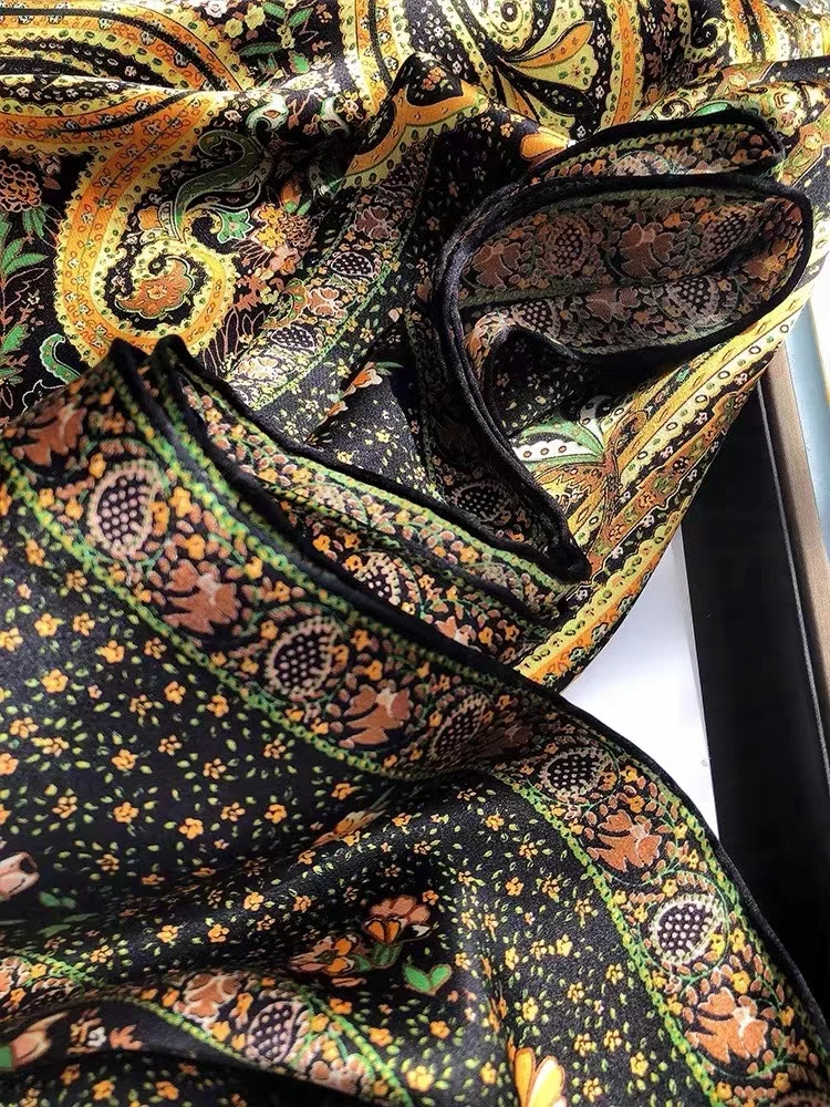 Coffee Gold 100% Mulberry Silk Women's Scarf Bandana Fashion Plaisley Style Square Scarves Hijabs Winter Brand Headscarf Foulard