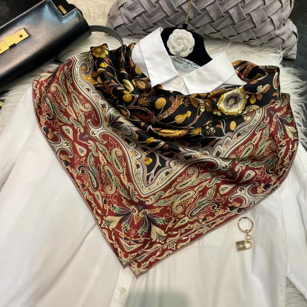 Coffee Gold 100% Mulberry Silk Women's Scarf Bandana Fashion Plaisley Style Square Scarves Hijabs Winter Brand Headscarf Foulard