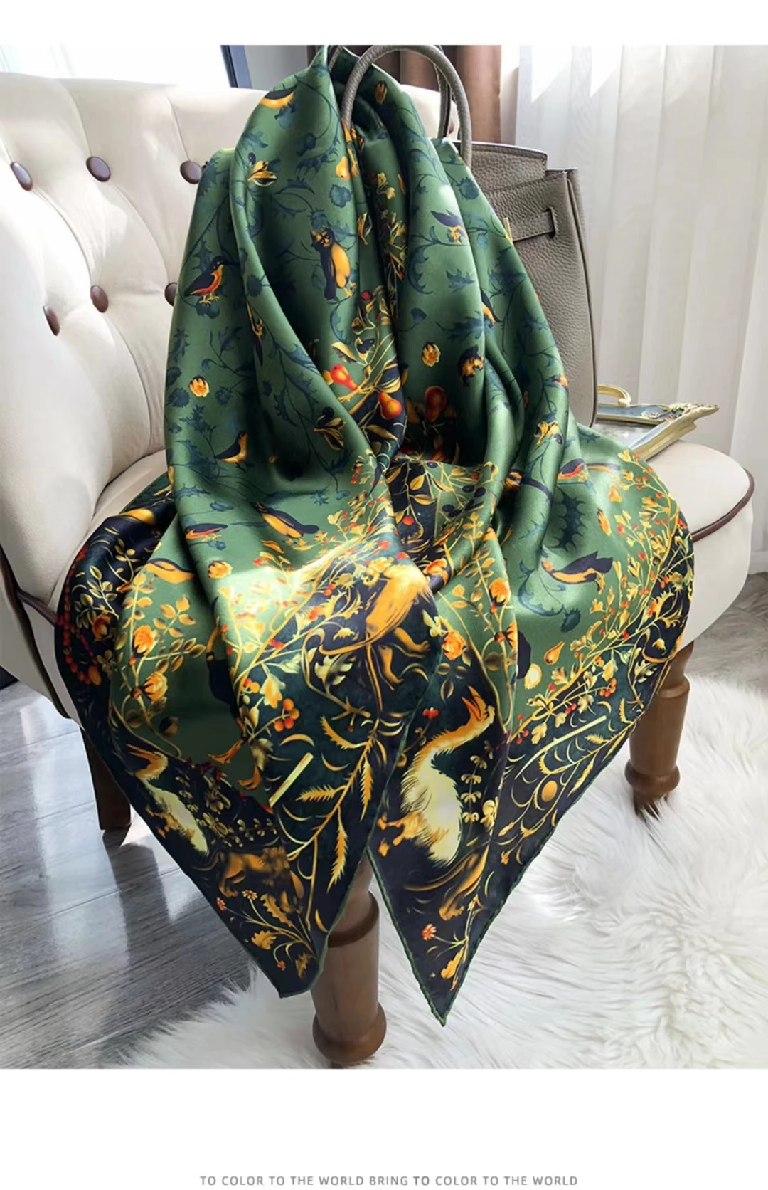 Coffee Gold 100% Mulberry Silk Women's Scarf Bandana Fashion Plaisley Style Square Scarves Hijabs Winter Brand Headscarf Foulard
