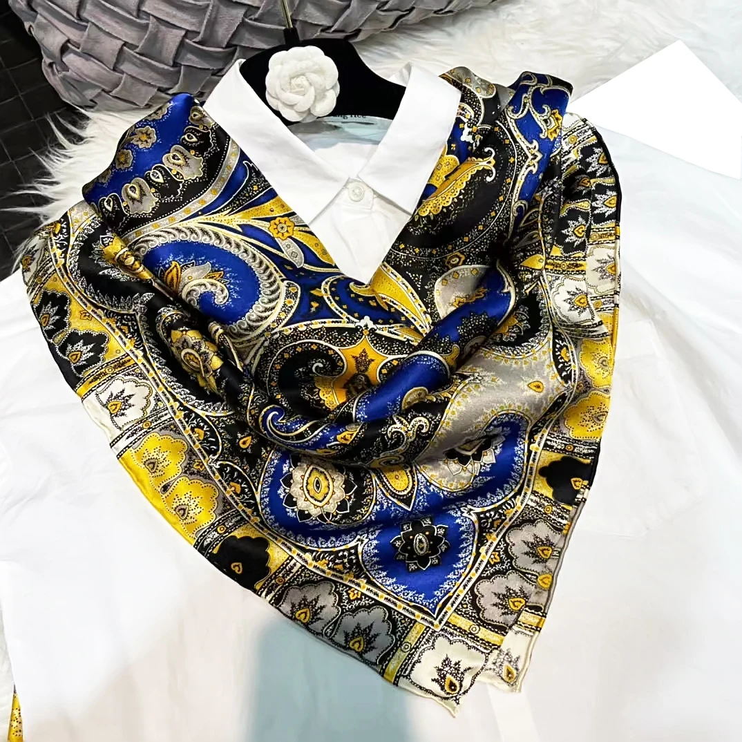 Coffee Gold 100% Mulberry Silk Women's Scarf Bandana Fashion Plaisley Style Square Scarves Hijabs Winter Brand Headscarf Foulard