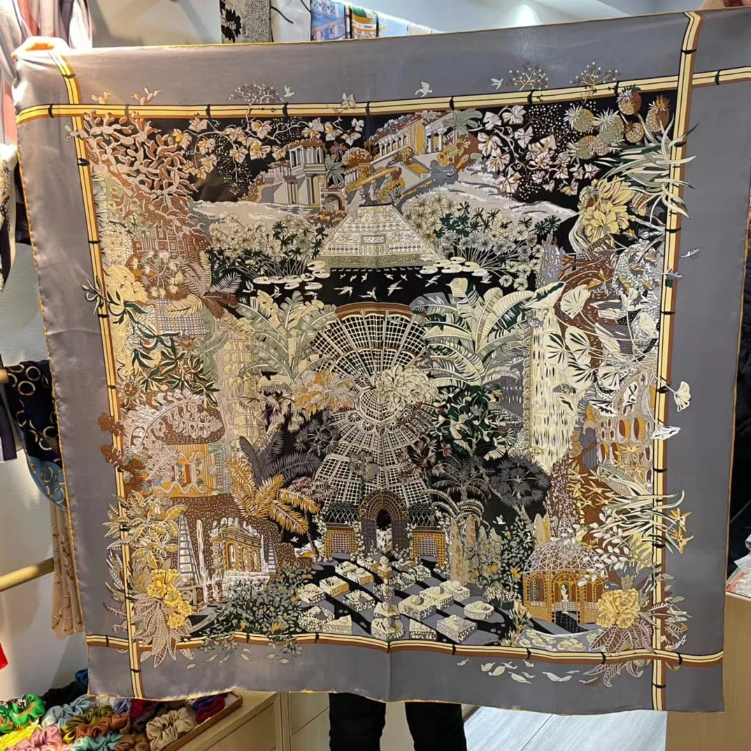 Coffee Gold 100% Mulberry Silk Women's Scarf Bandana Fashion Plaisley Style Square Scarves Hijabs Winter Brand Headscarf Foulard